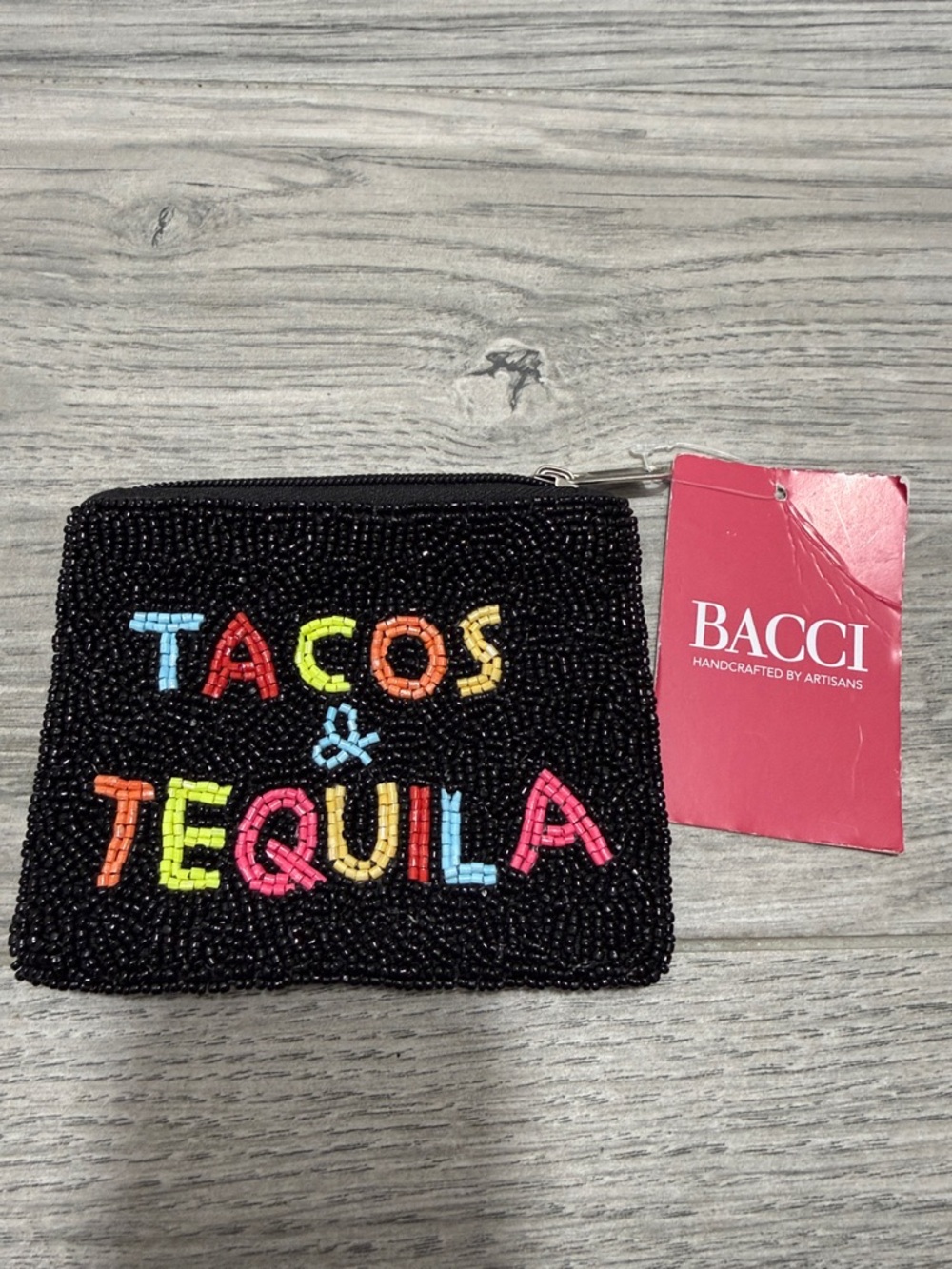 BACCI Black Beaded Coin Pouch with Colorful 'TACOS & TEQUILA' Beading
